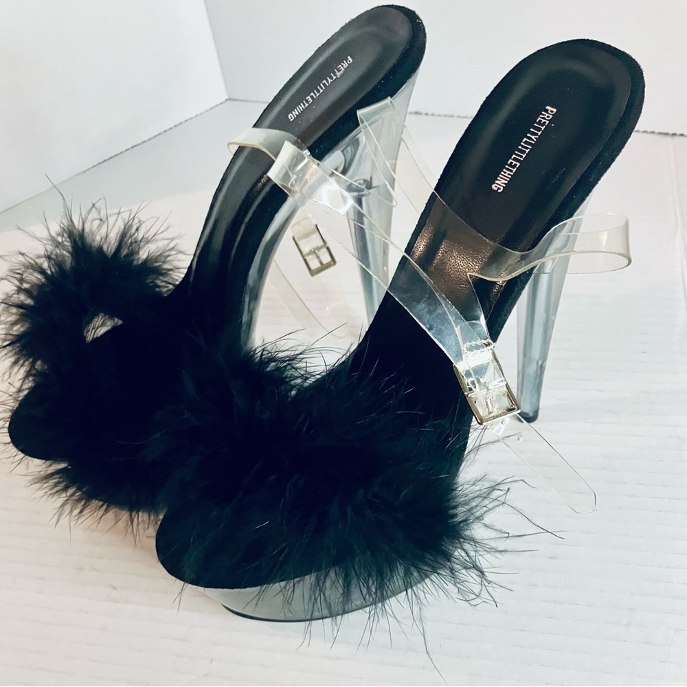 Pleaser Pretty Little Things Stilettos Clear Black Faux Fur Womens 4 USA 37 UK